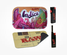 Load image into Gallery viewer, RAW Strain Indica Rolling Tray+Raw Magnet Lid+Raw Phoenix Lighter+ Raw Extendo Lighter