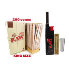 Load image into Gallery viewer, Raw Organic King Size cone pre rolled (50, 100, 200, 300, 400, 500) + Raw Extendo refillable lighter + Cone Glass Holder Tip