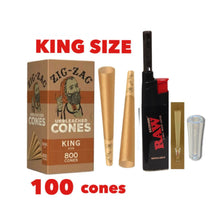 Load image into Gallery viewer, Zig Zag Unbleached King Size cone pre rolled (50, 100, 200, 300, 400, 500) + Raw Extendo refillable lighter + Cone Glass Holder Tip