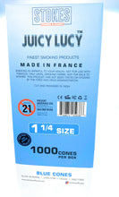 Load image into Gallery viewer, Juicy Lucy blue 1 1/4 size pre rolled cone (50, 100, 200, 300, 400, 500) + glass cone holder tip + double cone & mini lighter double joint holder