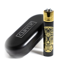 Load image into Gallery viewer, Raw Clipper Metal Lighter Black Color + Clipper Mex Skulls Metal Lighter Gold Color