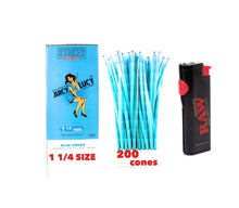 Load image into Gallery viewer, Juicy Lucy Blue 1 1/4 Size cone pre rolled (50, 100, 200, 300, 400, 500) + Raw Phoenix refillable lighter