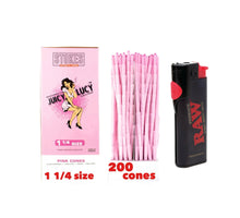 Load image into Gallery viewer, Juicy Lucy Pink 1 1/4 Size cone pre rolled (50, 100, 200, 300, 400, 500) + Raw Phoenix refillable lighter