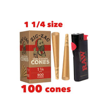 Load image into Gallery viewer, Zig Zag Unbleached 1 1/4 Size cone pre rolled (50, 100, 200, 300, 400, 500) + Raw Phoenix refillable lighter