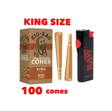 Load image into Gallery viewer, Zig Zag Unbleached King Size cone pre rolled (50, 100, 200, 300, 400, 500) + Raw Phoenix refillable lighter