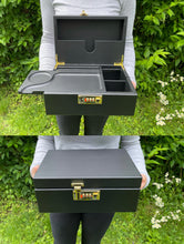 Load image into Gallery viewer, Premium large bamboo stash box with combination lock and removable sliding tray + torch lighter + aluminum 2.5” grinder + glass jar