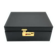 Load image into Gallery viewer, Premium large bamboo stash box with combination lock and removable sliding tray + torch lighter + aluminum 2.5” grinder + glass jar