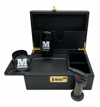 Load image into Gallery viewer, Premium large bamboo stash box with combination lock and removable sliding tray + torch lighter + aluminum 2.5” grinder + glass jar