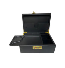 Load image into Gallery viewer, Premium large bamboo stash box with combination lock and removable sliding tray + torch lighter + aluminum 2.5” grinder + glass jar