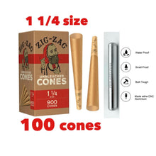 Load image into Gallery viewer, Zig zag unbleached 1 1/4 size pre rolled cones( 500pk, 300pk, 200pk, 100pk, 50pk) + aluminum water and smell proof tube