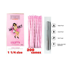Load image into Gallery viewer, JUICY LUCY pink 1 1/4 size pre rolled cones( 500pk, 300pk, 200pk, 100pk, 50pk) + aluminum water and smell proof tube