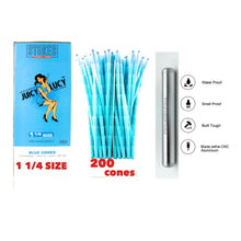 Load image into Gallery viewer, JUICY LUCY blue 1 1/4 size pre rolled cones( 500pk, 300pk, 200pk, 100pk, 50pk) + aluminum water and smell proof tube