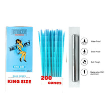 Load image into Gallery viewer, JUICY LUCY blue king size pre rolled cones( 500pk, 300pk, 200pk, 100pk, 50pk) + aluminum water and smell proof tube