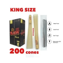 Load image into Gallery viewer, RAW black king size pre rolled cones( 500pk, 300pk, 200pk, 100pk, 50pk) + aluminum water and smell proof tube