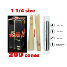 Load image into Gallery viewer, RAW black 1 1/4 size pre rolled cones( 500pk, 300pk, 200pk, 100pk, 50pk) + aluminum water and smell proof tube