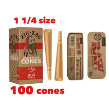 Load image into Gallery viewer, Zig Zag unbleached 1 1/4 size pre-rolled cone 25/50/100/200/300/500 + RAW 1 1/4 size metal caddy box