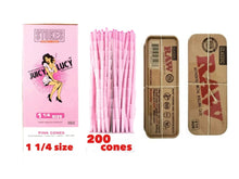 Load image into Gallery viewer, Juicy Lucy Pink 1 1/4 size pre-rolled cone 25/50/100/200/300/500 + RAW 1 1/4 size metal caddy box