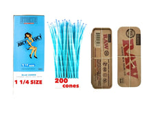 Load image into Gallery viewer, Juicy Lucy Blue 1 1/4 size pre-rolled cone 25/50/100/200/300/500 + RAW 1 1/4 size metal caddy box