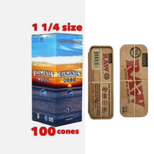 Load image into Gallery viewer, elements rice cone 1 1/4 pre rolled organic cone(100, 200, 300, 500)+RAW caddy container
