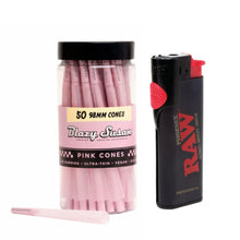 Load image into Gallery viewer, Blazy Susan pre rolled cone 98mm size 50ct jar + RAW Phoenix refillable lighter