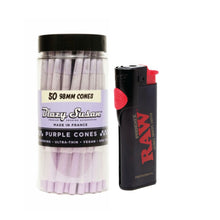 Load image into Gallery viewer, Blazy Susan pre rolled cone 98mm size 50ct jar + RAW Phoenix refillable lighter