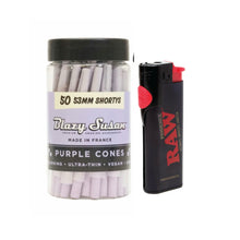 Load image into Gallery viewer, Blazy Susan pre rolled cone 53mm short size 50ct jar + RAW Phoenix refillable lighter