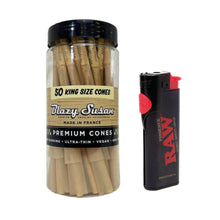 Load image into Gallery viewer, Blazy Susan pre rolled cone king size 109mm 50ct jar + RAW Phoenix refillable lighter