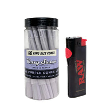Load image into Gallery viewer, Blazy Susan pre rolled cone king size 109mm 50ct jar + RAW Phoenix refillable lighter