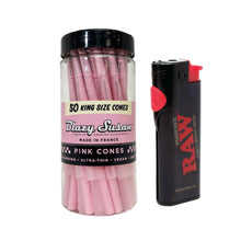 Load image into Gallery viewer, Blazy Susan pre rolled cone king size 109mm 50ct jar + RAW Phoenix refillable lighter