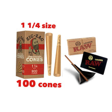 Load image into Gallery viewer, Zig Zag 1 1/4 size unbleached pre rolled cone (50, 100, 200, 300, 400, 500)cones + raw 1 1/4 lean size loader kit