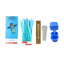 Load image into Gallery viewer, Juicy Lucy blue 1 1/4 size pre rolled cone (50, 100, 200, 300, 400, 500) + glass cone holder tip + double cone & mini lighter double joint holder
