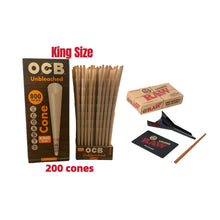 Load image into Gallery viewer, OCB unbleached king size pre rolled cone (50, 100, 200, 300, 400, 500)cones + raw 98 king size cone loader kit