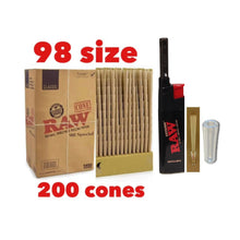 Load image into Gallery viewer, Raw classic 98 special Size cone pre rolled (50, 100, 200, 300, 400, 500) + Raw Extendo refillable lighter + Cone Glass Holder Tip