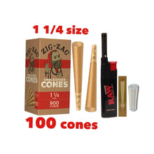 Load image into Gallery viewer, Zig Zag Unbleached 1 1/4 Size cone pre rolled (50, 100, 200, 300, 400, 500) + Raw Extendo refillable lighter + Cone Glass Holder Tip