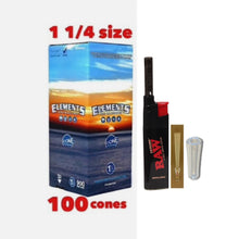 Load image into Gallery viewer, Elements Organic 1 1/4 Size cone pre rolled (50, 100, 200, 300, 400, 500) + Raw Extendo refillable lighter + Cone Glass Holder Tip