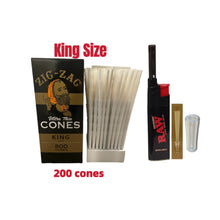 Load image into Gallery viewer, Zig Zag Ultra Thin King Size cone pre rolled (50, 100, 200, 300, 400, 500) + Raw Extendo refillable lighter + Cone Glass Holder Tip