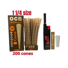 Load image into Gallery viewer, OCB Unbleached 1 1/4 Size cone pre rolled (50, 100, 200, 300, 400, 500) + Raw Extendo refillable lighter + Cone Glass Holder Tip
