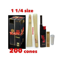 Load image into Gallery viewer, Raw Black 1 1/4 Size Cone pre rolled (50, 100, 200, 300, 400, 500) + Raw Extendo refillable lighter + Cone Glass Holder Tip