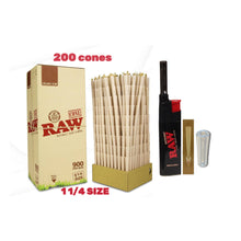 Load image into Gallery viewer, Raw Organic 1 1/4 Size cone pre rolled (50, 100, 200, 300, 400, 500) + Raw Extendo refillable lighter + Cone Glass Holder Tip