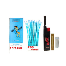 Load image into Gallery viewer, Juicy Lucy Blue 1 1/4 Size cone pre rolled (50, 100, 200, 300, 400, 500) + Raw Extendo refillable lighter + Cone Glass Holder Tip