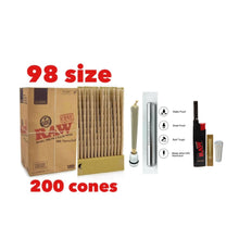 Load image into Gallery viewer, Raw Classic 98 Special Size cone pre rolled (50, 100, 200, 300, 400, 500) + Raw Extendo refillable lighter + Aluminum Doob Tube + Glass Tip