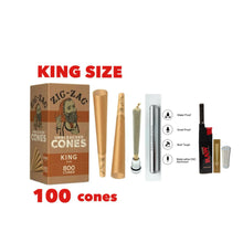 Load image into Gallery viewer, Zig Zag Unbleached King Size cone pre rolled (50, 100, 200, 300, 400, 500) + Raw Extendo refillable lighter + Aluminum Doob Tube + Glass Tip