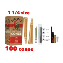 Load image into Gallery viewer, Zig Zag Unbleached 1 1/4 Size cone pre rolled (50, 100, 200, 300, 400, 500) + Raw Extendo refillable lighter + Aluminum Doob Tube + Glass Tip