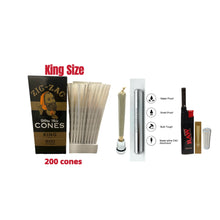 Load image into Gallery viewer, Zig Zag Ultra Thin King Size cone pre rolled (50, 100, 200, 300, 400, 500) + Raw Extendo refillable lighter + Aluminum Doob Tube + Glass Tip