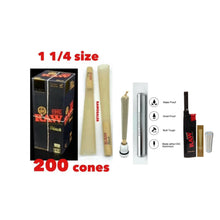 Load image into Gallery viewer, Raw Black 1 1/4 Size cone pre rolled (50, 100, 200, 300, 400, 500) + Raw Extendo refillable lighter + Aluminum Doob Tube + Glass Tip
