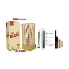 Load image into Gallery viewer, Raw Organic Classic 1 1/4  Size cone pre rolled (50, 100, 200, 300, 400, 500) + Raw Extendo refillable lighter + Aluminum Doob Tube + Glass Tip
