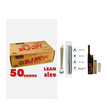 Load image into Gallery viewer, Raw Classic Lean Size cone pre rolled (50, 100, 200, 300, 400, 500) + Raw Extendo refillable lighter + Aluminum Doob Tube + Glass Tip