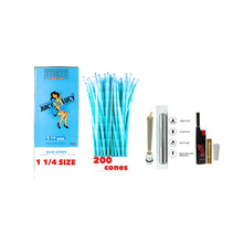 Load image into Gallery viewer, Juicy Lucy Blue 1 1/4 Size cone pre rolled (50, 100, 200, 300, 400, 500) + Raw Extendo refillable lighter + Aluminum Doob Tube + Glass Tip
