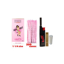 Load image into Gallery viewer, Juicy Lucy Pink 1 1/4 Size cone pre rolled (50, 100, 200, 300, 400, 500) + Raw Extendo refillable lighter + Cone Glass Holder Tip