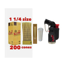Load image into Gallery viewer, Raw Classic 1 1/4 Size cone pre rolled (50, 100, 200, 300, 400, 500) + Raw refillable torch lighter + Cone Glass Holder Tip